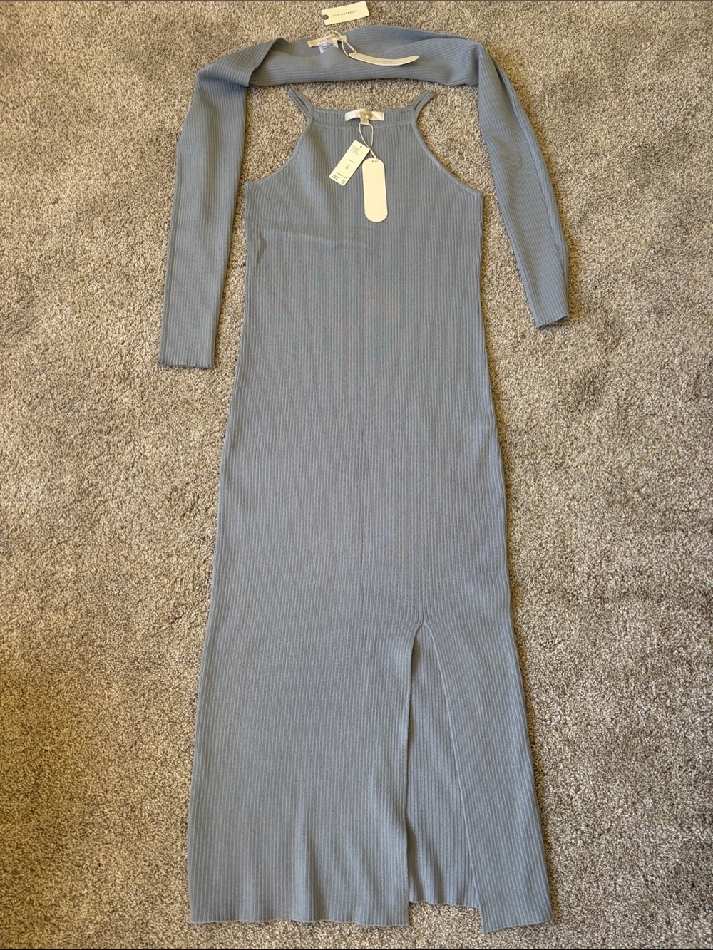 FLAT WHITE Ribbed Halter Maxi Dress with Detachable Sleeves in Dusty Blue